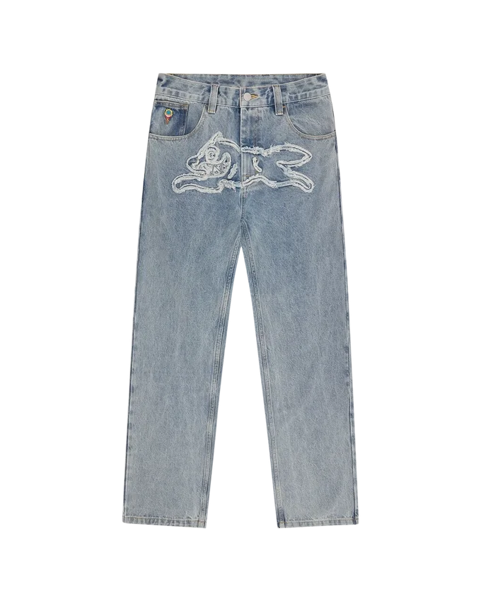 Applique running dog double scoop denim pants Applique running dog double scoop denim pants