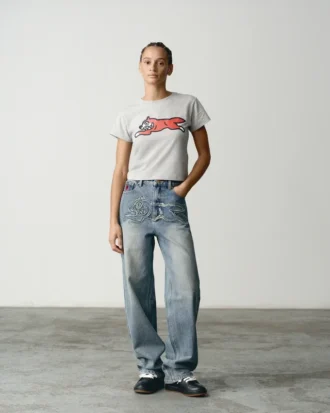 Womens distressed running dog denim pants